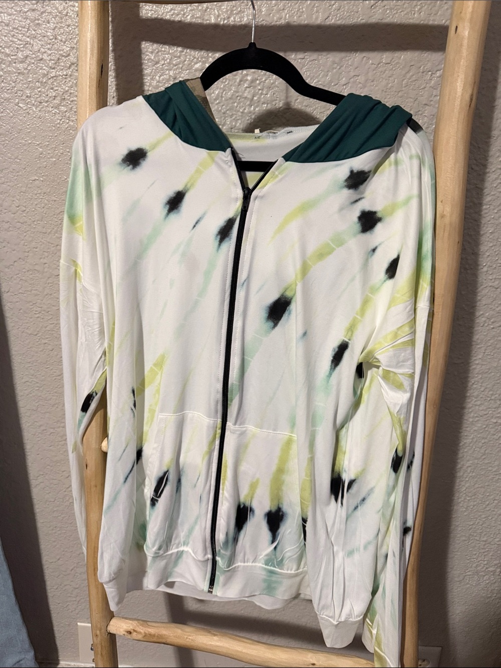 Women's White Tie-Dye Zip Hoodie with Green Hood